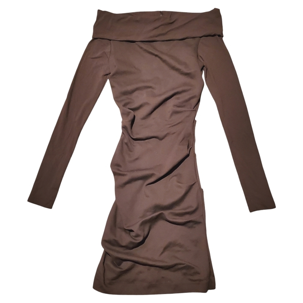 Nicole Miller Dress Bodycon Off Shoulder Ruching Midi Glam Goth Pinup Brown Smal